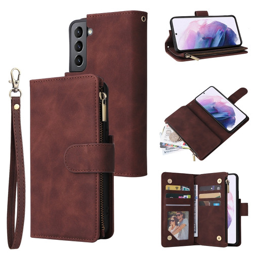 Samsung Galaxy S22+ 5G Multifunctional Frosted Zipper Wallet Leather Phone Case - Coffee