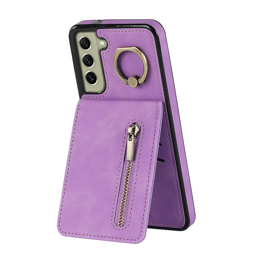 Samsung Galaxy S22+ 5G Retro Ring and Zipper RFID Card Slot Phone Case - Purple