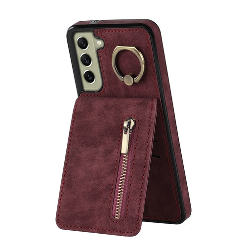 Samsung Galaxy S22+ 5G Retro Ring and Zipper RFID Card Slot Phone Case - Wine Red