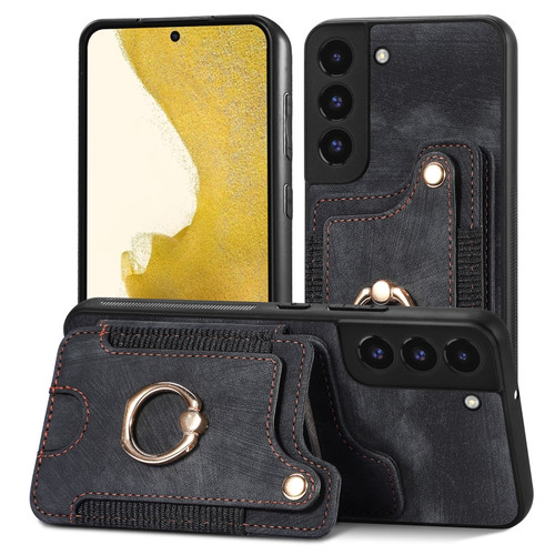 Samsung Galaxy S22+ 5G Retro Skin-feel Ring Multi-card Wallet Phone Case - Black