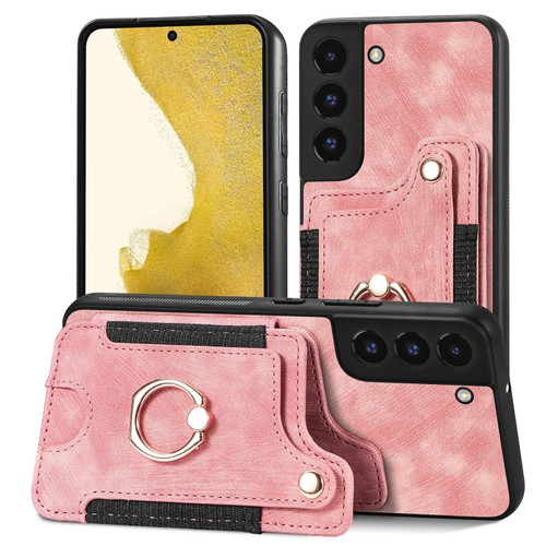Samsung Galaxy S22+ 5G Retro Skin-feel Ring Multi-card Wallet Phone Case - Pink