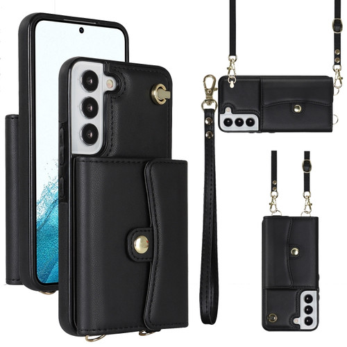 Samsung Galaxy S22+ 5G RFID Card Slot Leather Phone Case with Long Lanyard - Black