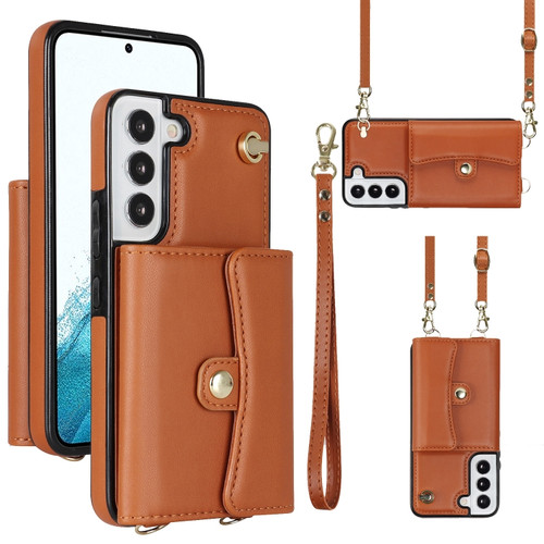 Samsung Galaxy S22+ 5G RFID Card Slot Leather Phone Case with Long Lanyard - Brown