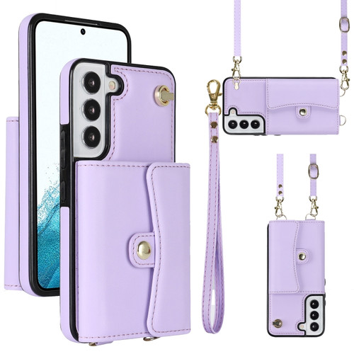 Samsung Galaxy S22+ 5G RFID Card Slot Leather Phone Case with Long Lanyard - Purple