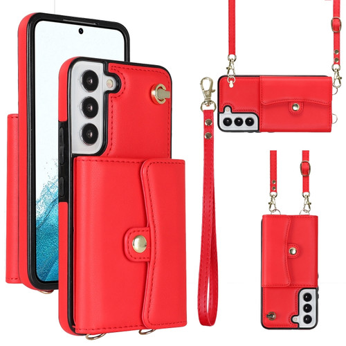 Samsung Galaxy S22+ 5G RFID Card Slot Leather Phone Case with Long Lanyard - Red