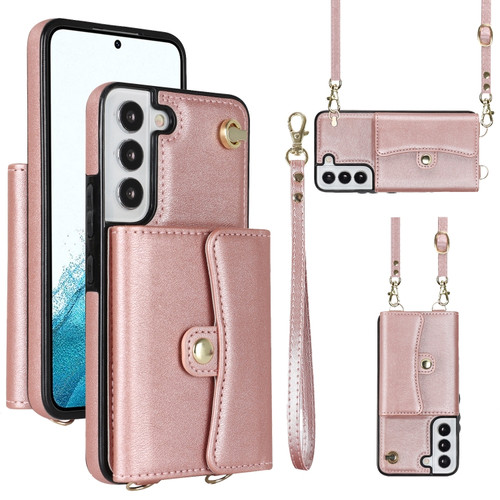 Samsung Galaxy S22+ 5G RFID Card Slot Leather Phone Case with Long Lanyard - Rose Gold