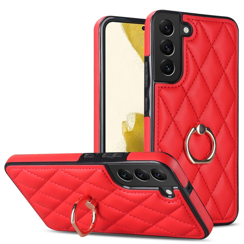 Samsung Galaxy S22+ 5G Rhombic PU Leather Phone Case with Ring Holder - Red