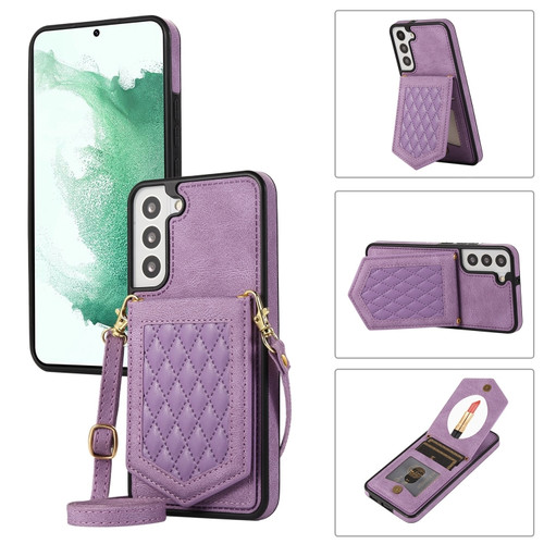 Samsung Galaxy S22+ 5G Rhombic Texture RFID Phone Case with Lanyard & Mirror - Purple