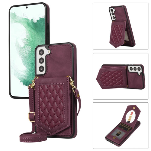 Samsung Galaxy S22+ 5G Rhombic Texture RFID Phone Case with Lanyard & Mirror - Wine Red