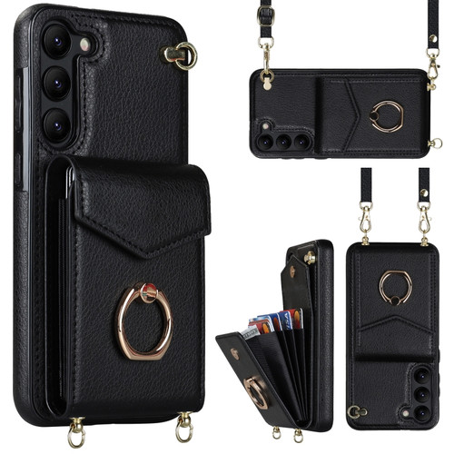 Samsung Galaxy S22+ 5G Ring Holder RFID Card Slot Phone Case with Long Lanyard - Black