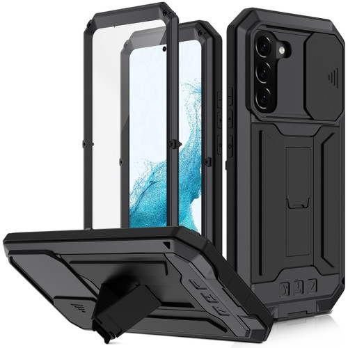 Samsung Galaxy S22+ 5G R-JUST Sliding Camera Metal + Silicone Holder Phone Case - Black