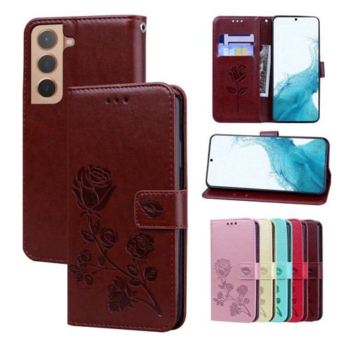 Samsung Galaxy S22+ 5G Rose Embossed Leather Phone Case - Brown