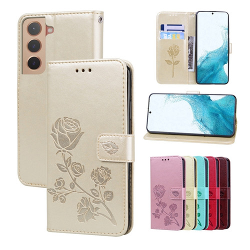 Samsung Galaxy S22+ 5G Rose Embossed Leather Phone Case - Gold