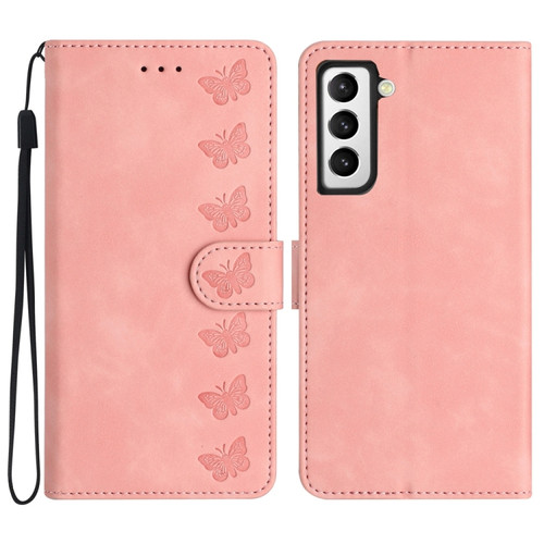 Samsung Galaxy S22+ 5G Seven Butterflies Embossed Leather Phone Case - Pink