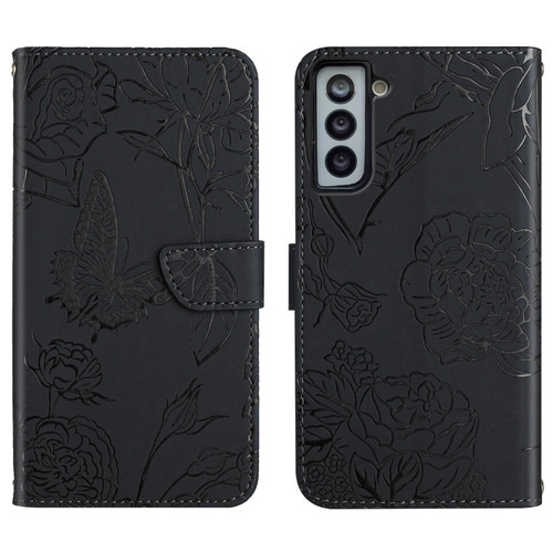 Samsung Galaxy S22+ 5G Skin Feel Butterfly Peony Embossed Leather Phone Case - Black