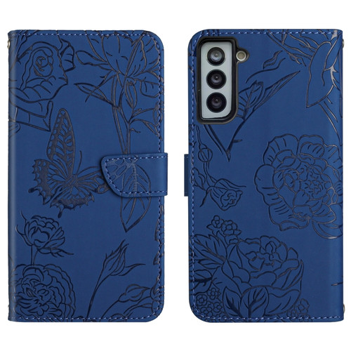 Samsung Galaxy S22+ 5G Skin Feel Butterfly Peony Embossed Leather Phone Case - Blue