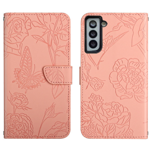 Samsung Galaxy S22+ 5G Skin Feel Butterfly Peony Embossed Leather Phone Case - Pink