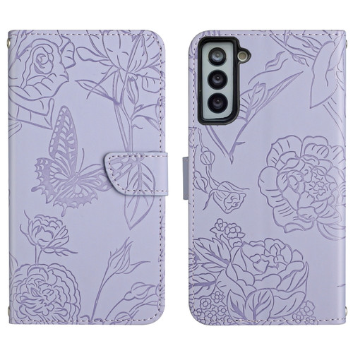 Samsung Galaxy S22+ 5G Skin Feel Butterfly Peony Embossed Leather Phone Case - Purple