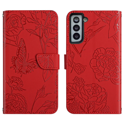 Samsung Galaxy S22+ 5G Skin Feel Butterfly Peony Embossed Leather Phone Case - Red