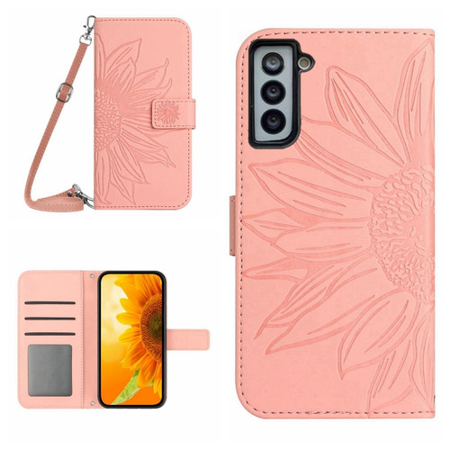Samsung Galaxy S22+ 5G Skin Feel Sun Flower Pattern Flip Leather Phone Case with Lanyard - Pink