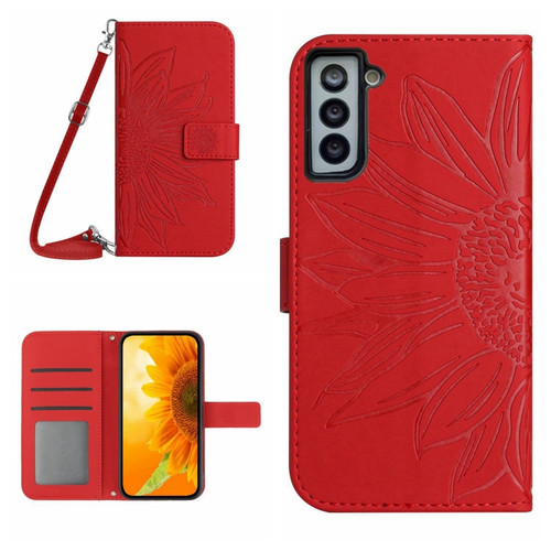 Samsung Galaxy S22+ 5G Skin Feel Sun Flower Pattern Flip Leather Phone Case with Lanyard - Red