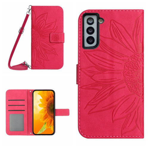 Samsung Galaxy S22+ 5G Skin Feel Sun Flower Pattern Flip Leather Phone Case with Lanyard - Rose Red