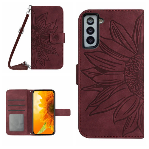 Samsung Galaxy S22+ 5G Skin Feel Sun Flower Pattern Flip Leather Phone Case with Lanyard - Wine Red