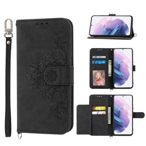 Samsung Galaxy S22+ 5G Skin-feel Flowers Embossed Wallet Leather Phone Case - Black