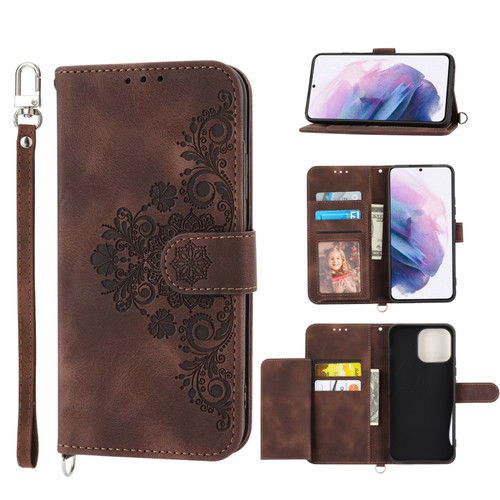 Samsung Galaxy S22+ 5G Skin-feel Flowers Embossed Wallet Leather Phone Case - Brown