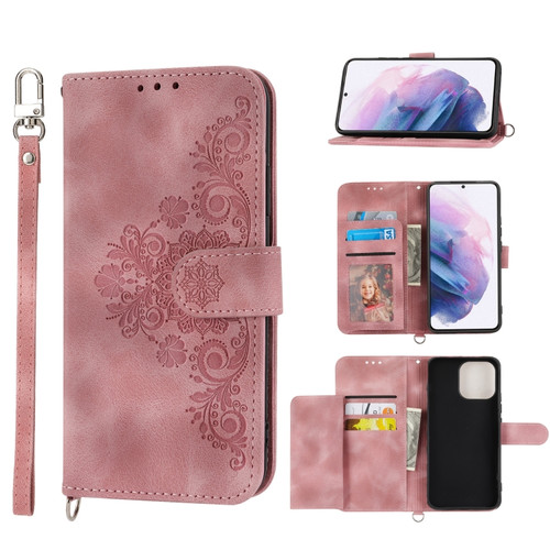 Samsung Galaxy S22+ 5G Skin-feel Flowers Embossed Wallet Leather Phone Case - Pink