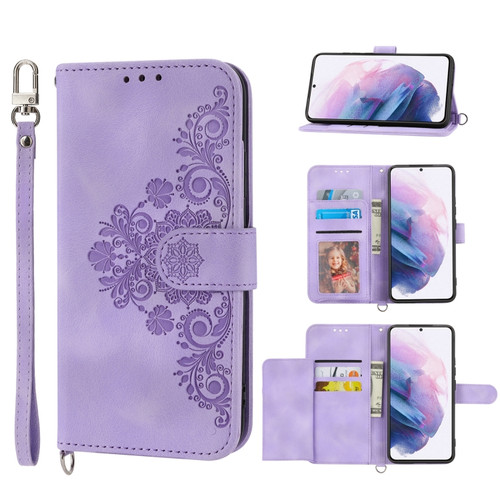 Samsung Galaxy S22+ 5G Skin-feel Flowers Embossed Wallet Leather Phone Case - Purple