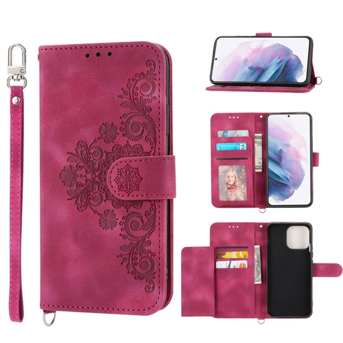 Samsung Galaxy S22+ 5G Skin-feel Flowers Embossed Wallet Leather Phone Case - Wine Red