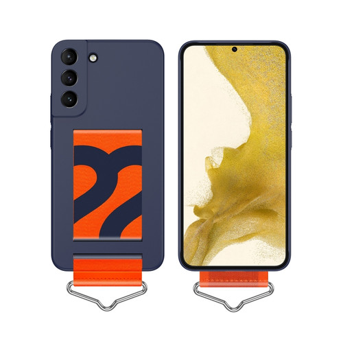 Samsung Galaxy S22+ 5G Slim Wrist Strap Bracket PC Phone Case - Dark Blue+Orange Strap