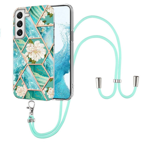 Samsung Galaxy S22+ 5G Splicing Marble Flower Pattern TPU Phone Case with Lanyard - Blue Flower