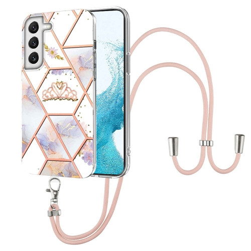 Samsung Galaxy S22+ 5G Splicing Marble Flower Pattern TPU Phone Case with Lanyard - Imperial Crown