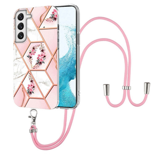 Samsung Galaxy S22+ 5G Splicing Marble Flower Pattern TPU Phone Case with Lanyard - Pink Flower