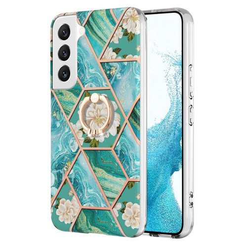 Samsung Galaxy S22+ 5G Splicing Marble Flower Pattern TPU Ring Holder Case - Blue Flower