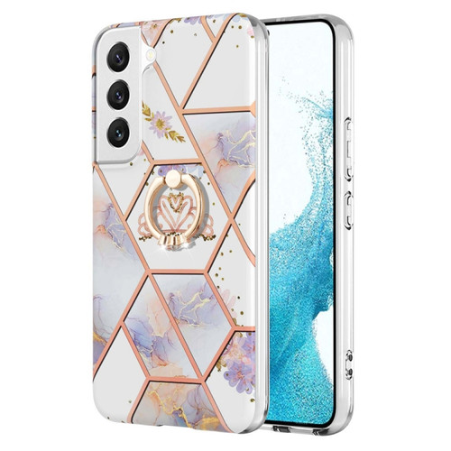 Samsung Galaxy S22+ 5G Splicing Marble Flower Pattern TPU Ring Holder Case - Imperial Crown