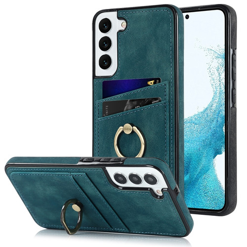 Samsung Galaxy S22+ 5G Vintage Patch Leather Phone Case with Ring Holder - Blue