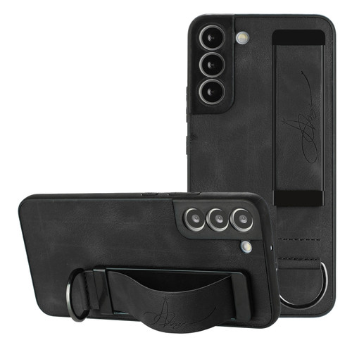 Samsung Galaxy S22+ 5G Wristband Holder Leather Back Phone Case - Black