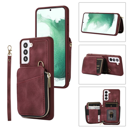 Samsung Galaxy S22+ 5G Zipper Card Bag Back Cover Phone Case - Wine Red