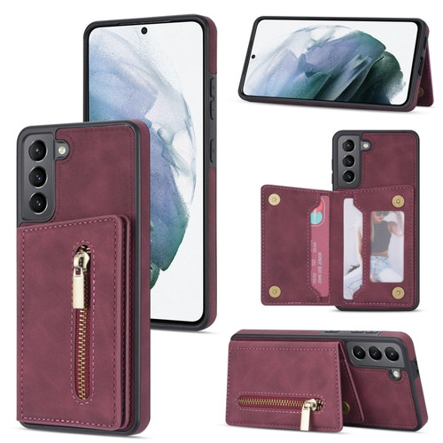 Samsung Galaxy S22+ 5G Zipper Card Holder Phone Case - Wine Red