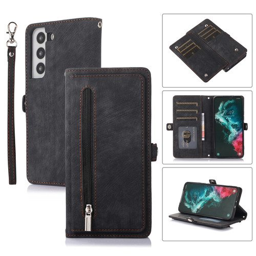 Samsung Galaxy S22+ 5G Zipper Card Slot Buckle Wallet Leather Phone Case - Black