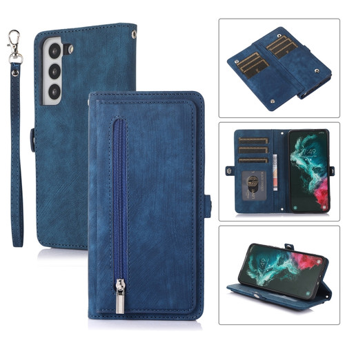 Samsung Galaxy S22+ 5G Zipper Card Slot Buckle Wallet Leather Phone Case - Blue