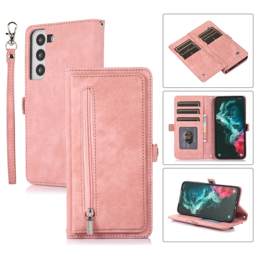 Samsung Galaxy S22+ 5G Zipper Card Slot Buckle Wallet Leather Phone Case - Pink