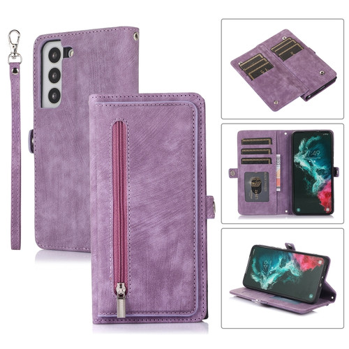 Samsung Galaxy S22+ 5G Zipper Card Slot Buckle Wallet Leather Phone Case - Purple