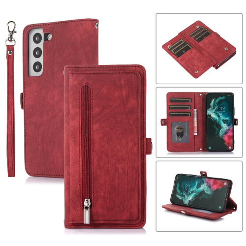 Samsung Galaxy S22+ 5G Zipper Card Slot Buckle Wallet Leather Phone Case - Red