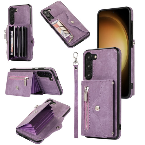 Samsung Galaxy S22+ 5G Zipper RFID Card Slots Phone Case with Short Lanyard - Purple