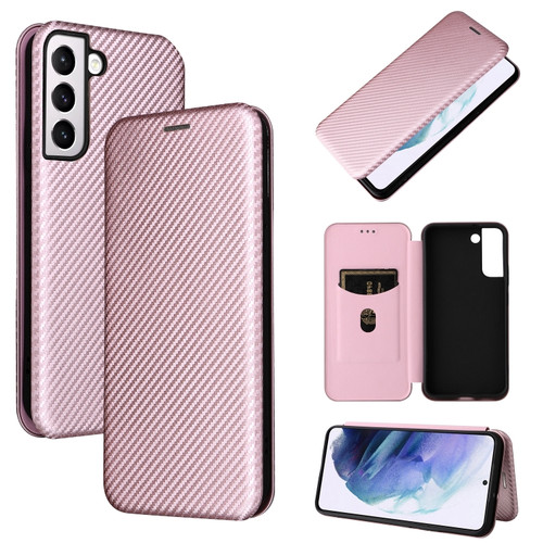 Samsung Galaxy S22+ Carbon Fiber Texture Horizontal Flip Leather Phone Case - Pink