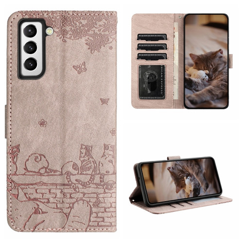 Samsung Galaxy S22+ Cat Embossing Pattern Leather Phone Case with Lanyard - Grey